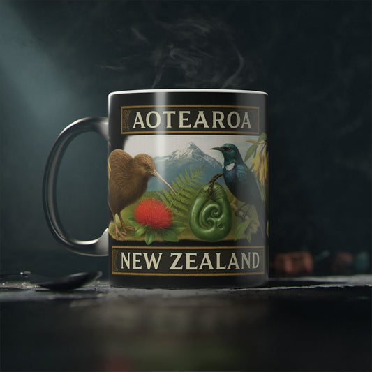 Mug with New Zealand design featuring a kiwi, fern, and mountain on a dark background
