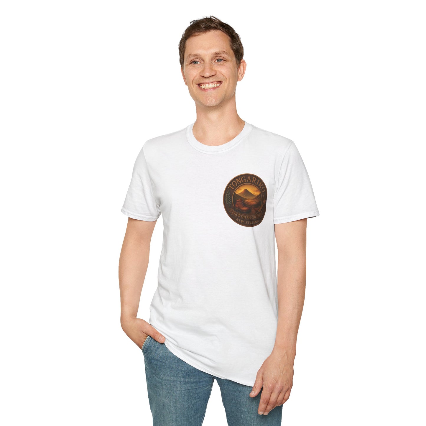 Person wearing a white Tongariro Northern Circuit t-shirt with a logo on a white background