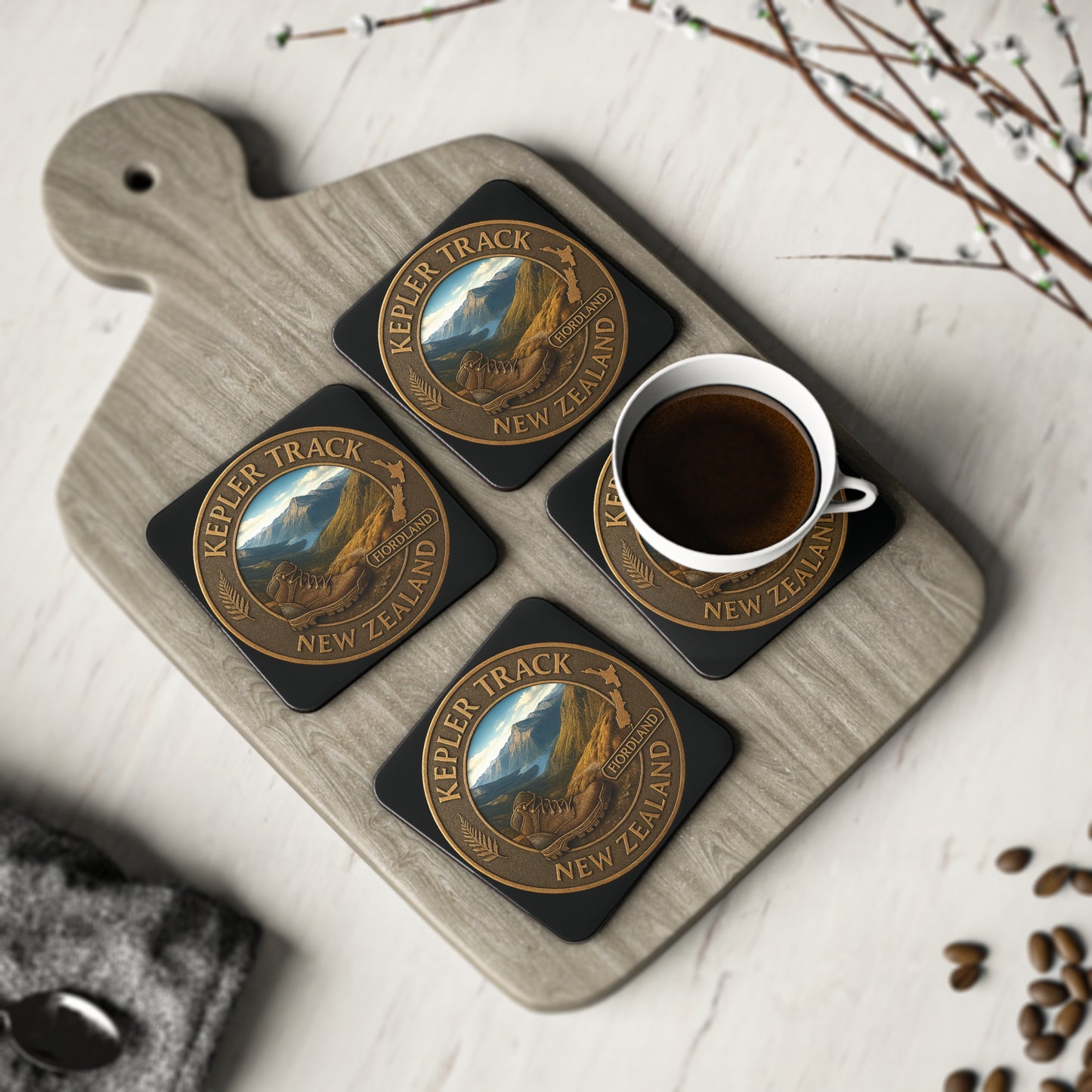 Set of four Kauri Track New Zealand coasters with a cup of coffee on a wooden board.