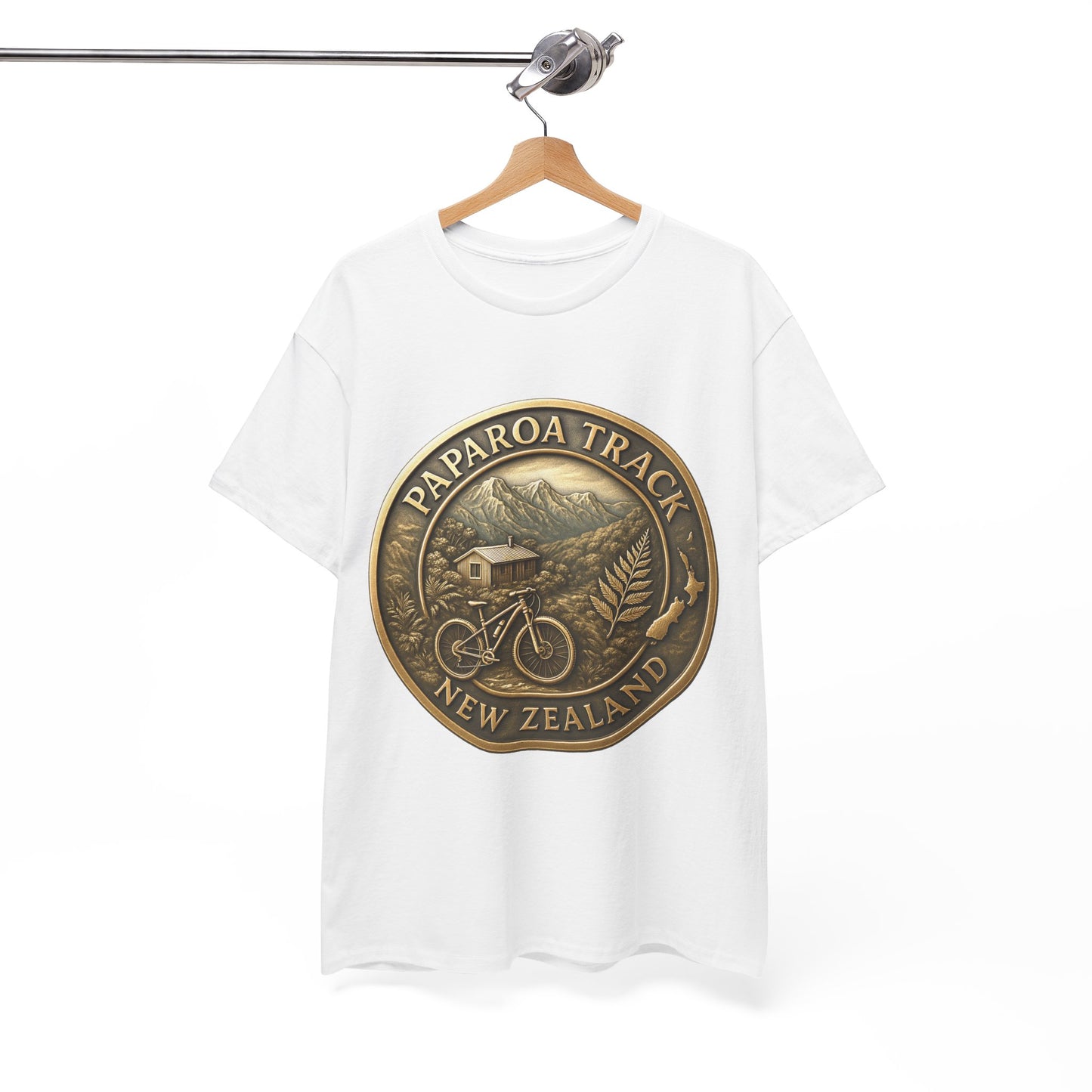 White t-shirt with Paparoa Track New Zealand design on a hanger against a white background