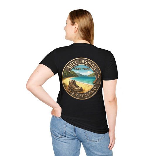 Person wearing a black t-shirt with Abel Tasman New Zealand design on the back