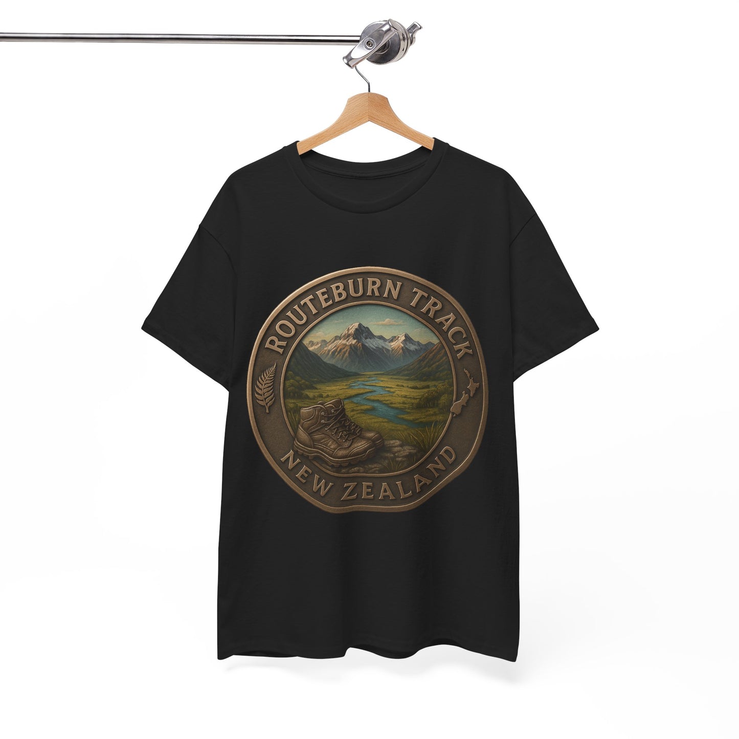 Black t-shirt with Routeburn Track New Zealand design on a hanger against a white background