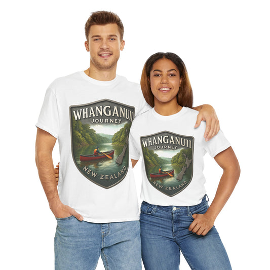 Two people wearing white t-shirts with a 'Whanganui Journey New Zealand' design.
