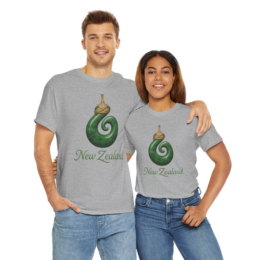 Two people wearing gray t-shirts with a green spiral design and 'New Zealand' text on a white background.
