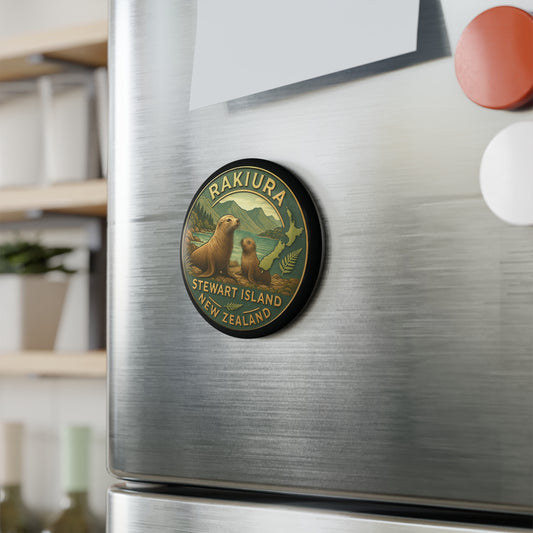 Fridge magnet with Rakiura branding on a refrigerator