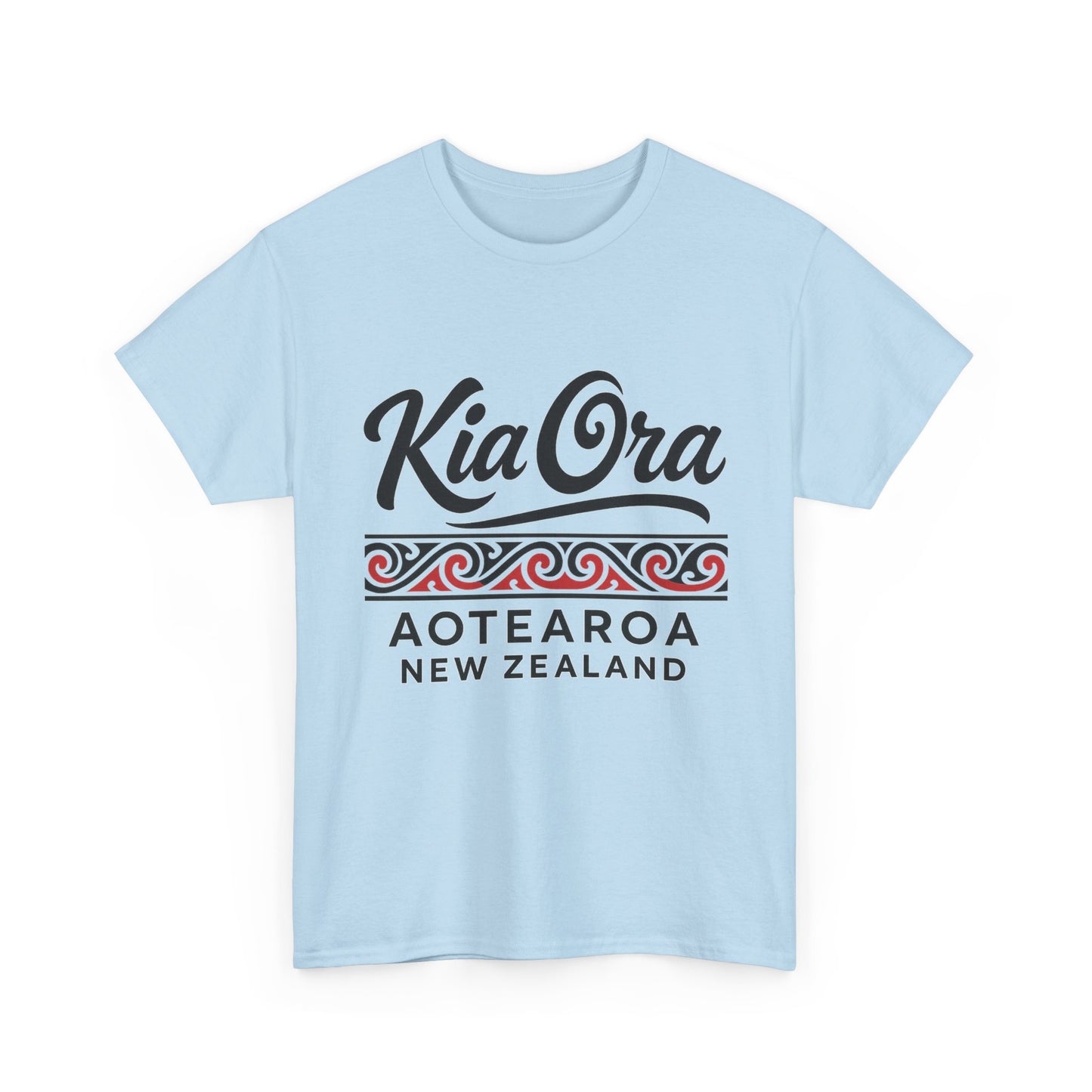 Light blue t-shirt with 'Kia Ora Aotearoa New Zealand' text on a white background