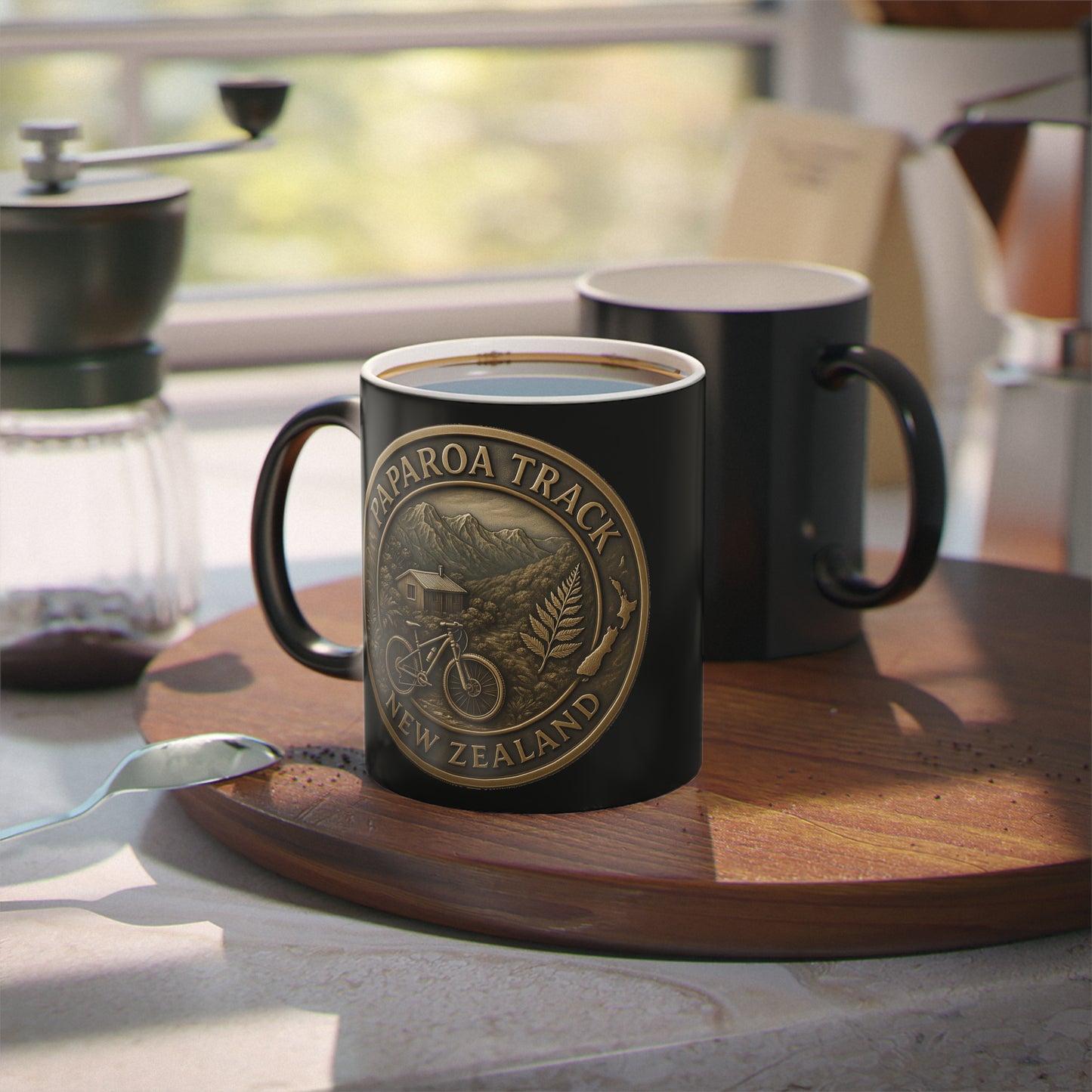 Black Coffee Cup mug with Paroa Track New Zealand design on a wooden tray in a kitchen setting.