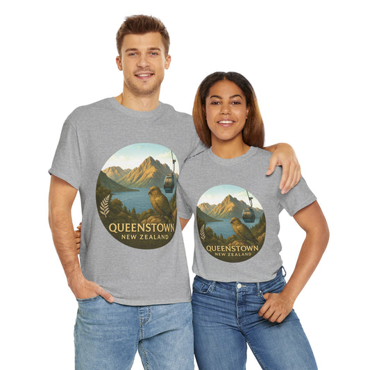 Two people wearing gray t-shirts with a scenic design of Queenstown, New Zealand.