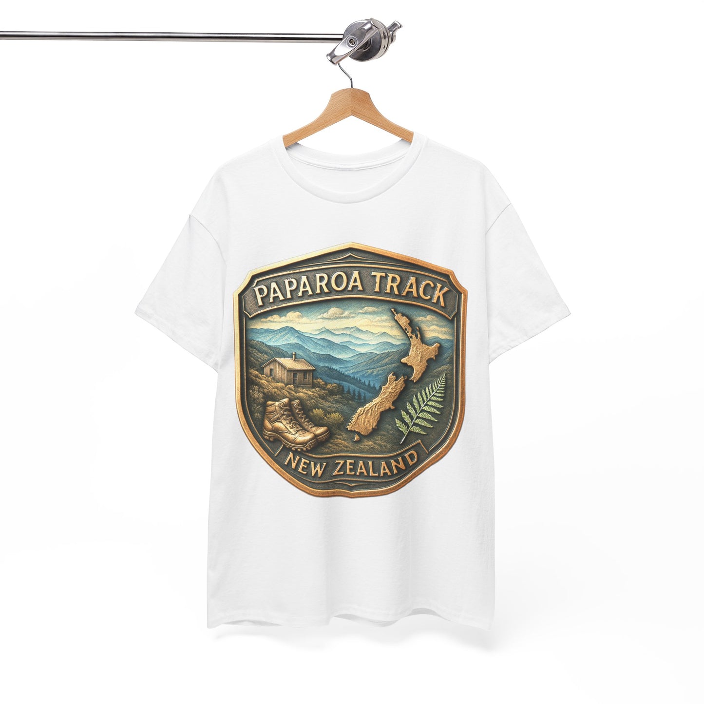 White t-shirt with Paparoa Track New Zealand design on a hanger against a white background