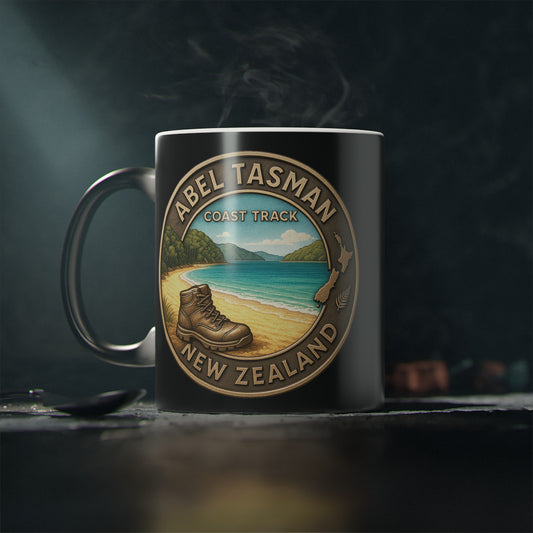 Mug with Abel Tasman New Zealand design on a dark background