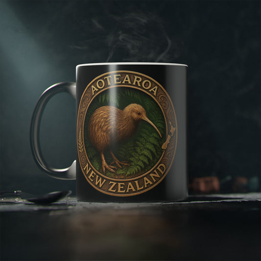 Mug with a kiwi bird design and 'Aotearoa New Zealand' text on a dark background