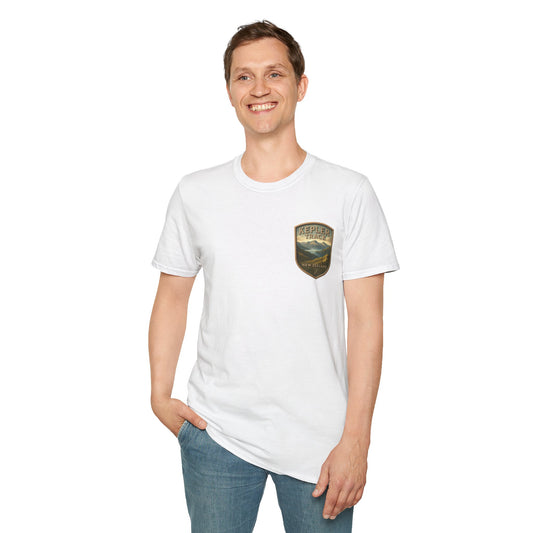 Person wearing a white Kepler Track t-shirt with a logo on a white background