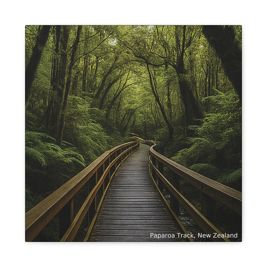 Wooden boardwalk through a lush green forest with 'Paparoa Track, New Zealand' text.