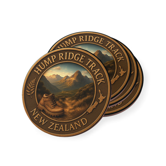 Coasters with 'Hump Ridge Track, New Zealand' design on a white background