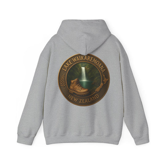 Gray hoodie with a 'Lake Waikaremoana Track New Zealand' design on the back