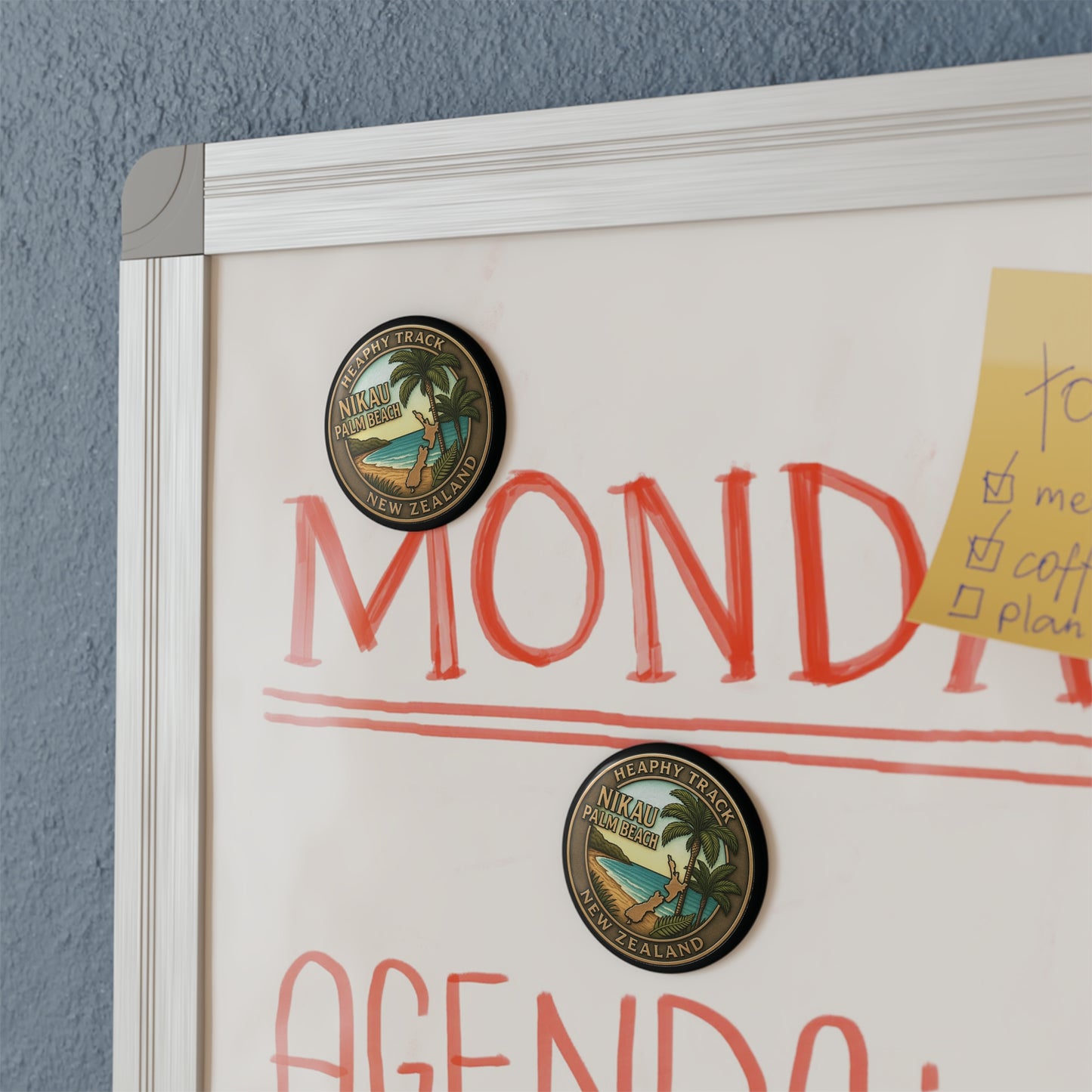 Heaphy Track Whiteboard with 'MONDAY' and 'AGENDA' text, featuring magnets and a yellow sticky note on a blue wall.