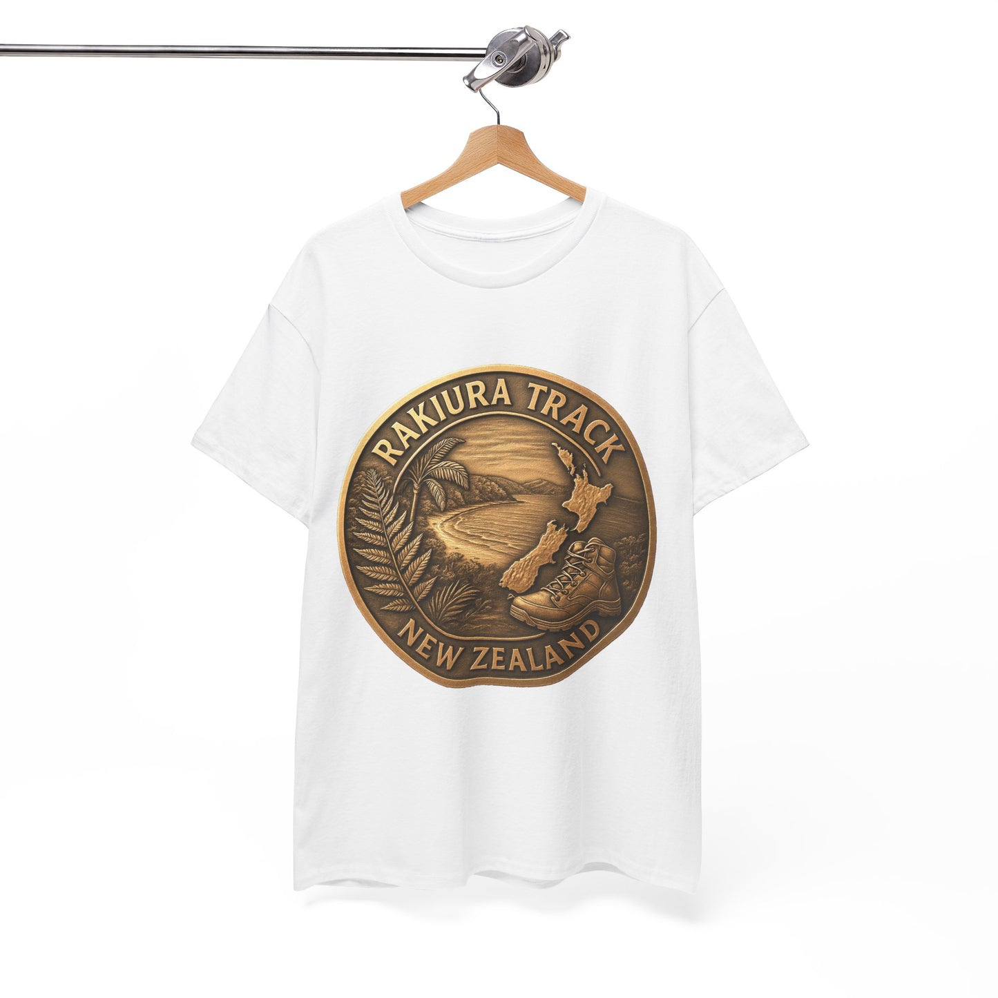 White t-shirt with Rakiura Track New Zealand design on a hanger against a white background