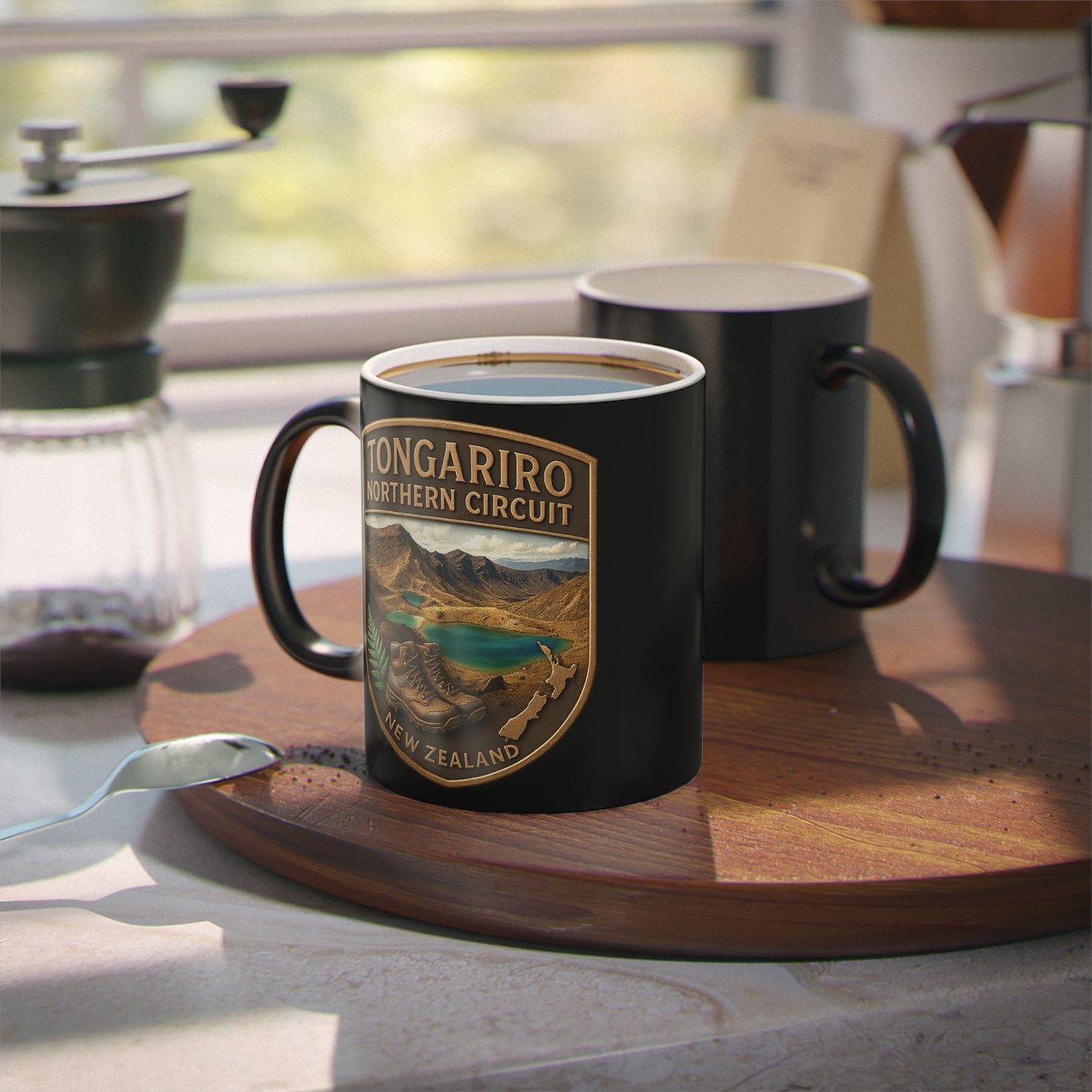 Black mug with Tongariro Northern Circuit New Zealand design on a wooden tray with coffee beans and a spoon.