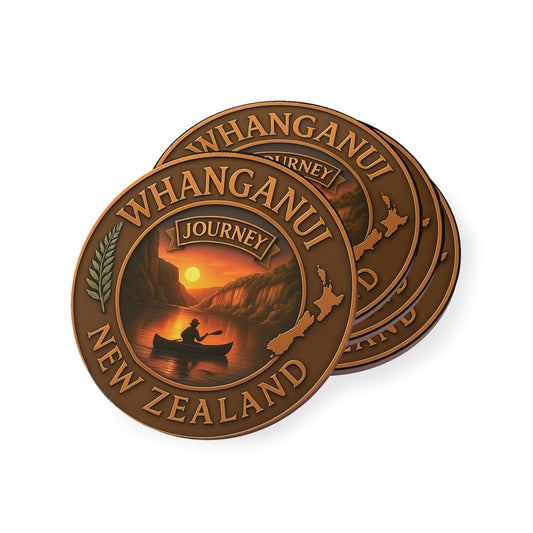 Two round bronze-colored magnets with Whanganui New Zealand design on a white background