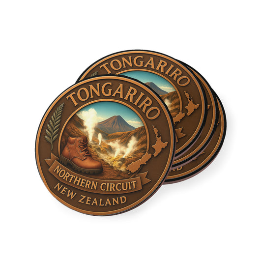 Tongariro New Zealand coasters with mountain and boot design on a white background