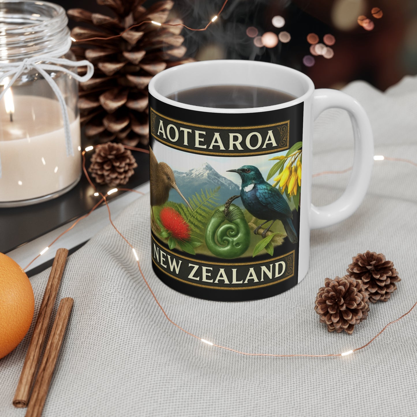 Aotearoa New Zealand Kiwi & Tui Emblem Coffee Mug — NZ Souvenir v2