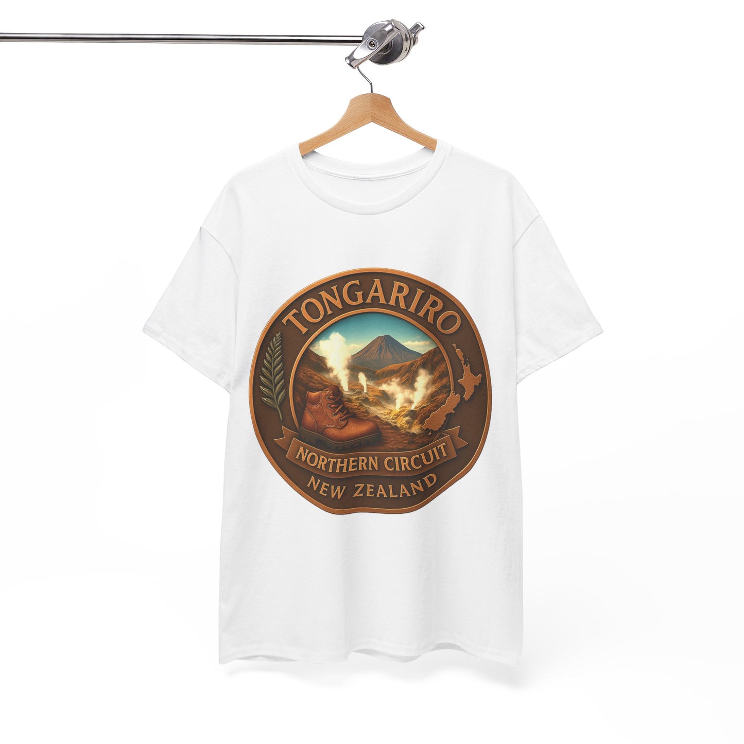 White t-shirt with Tongariro Northern Circuit New Zealand graphic on a hanger against a white background