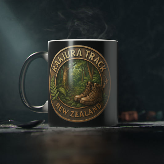 Coffee cup Mug with Rakiura Track New Zealand design on a dark background