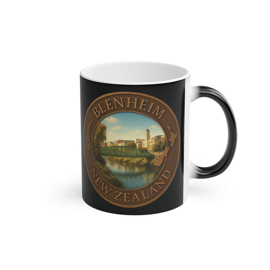 Black mug with Blenheim, New Zealand design on a white background