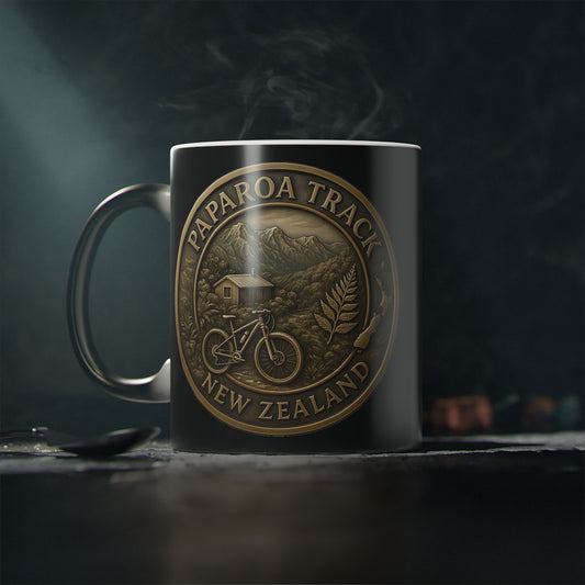 Coffee Cup Mug with Paparoa Track New Zealand design on a dark background