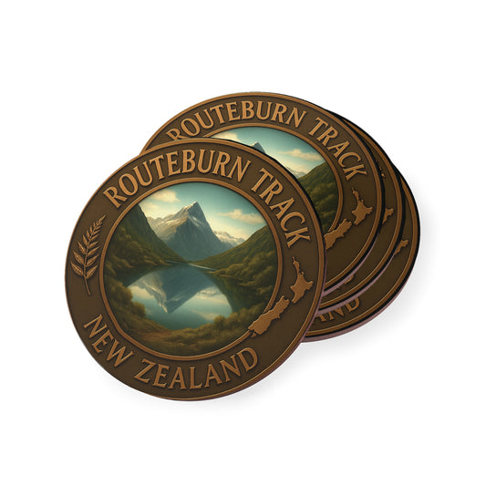 Two round stickers with 'Routeburn Track, New Zealand' design on a white background