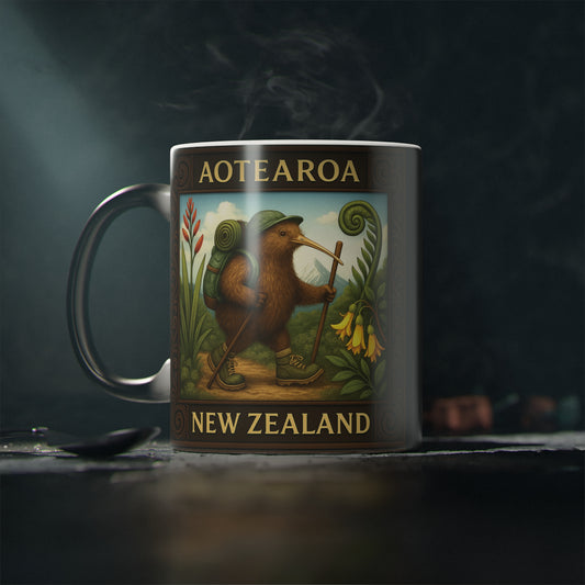 Mug with New Zealand design featuring a kiwi bird and text on a dark background