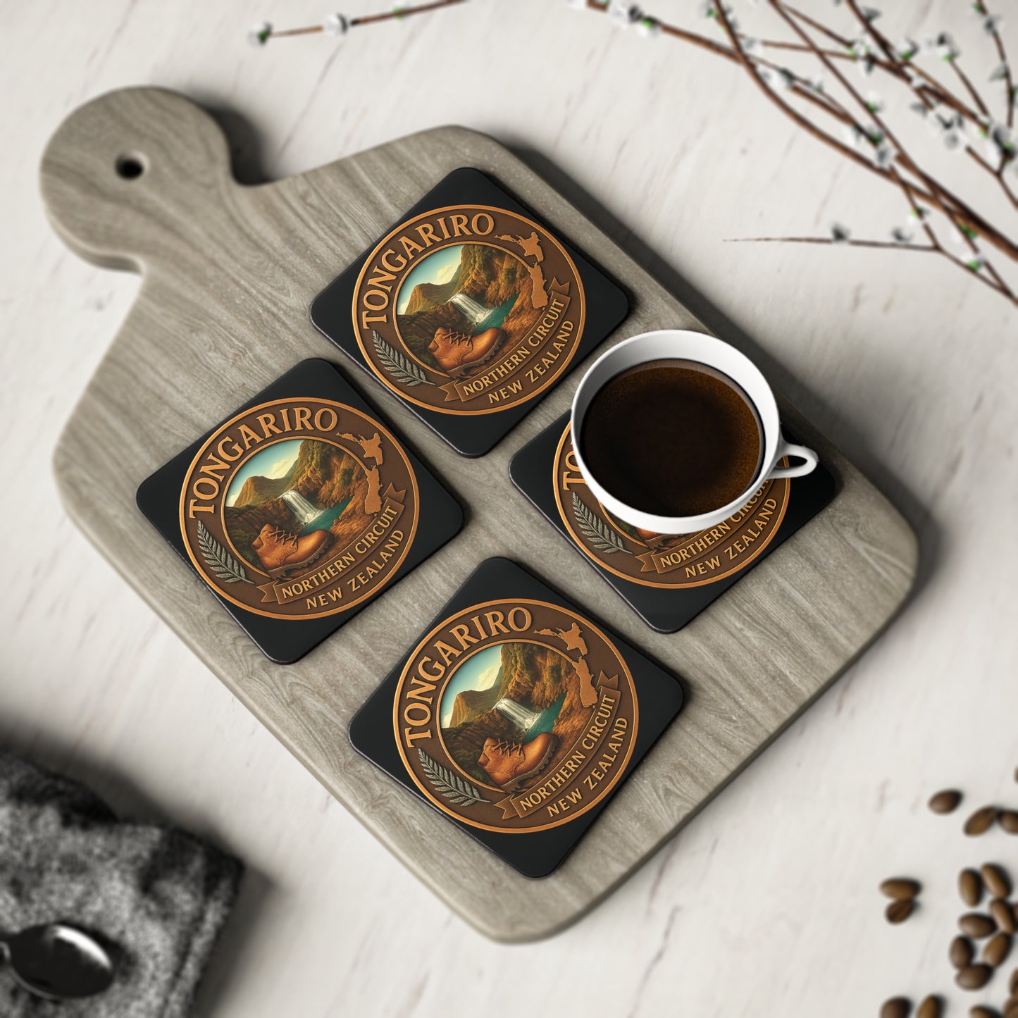Set of four Tongariro New Zealand coasters with a cup of coffee on a wooden board.