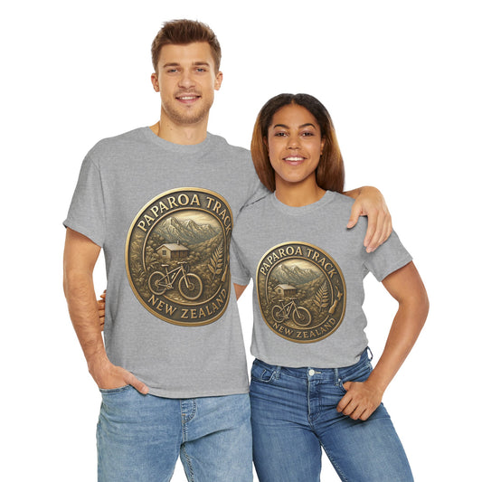 Two people wearing gray t-shirts with Paparoa Track New Zealand design.