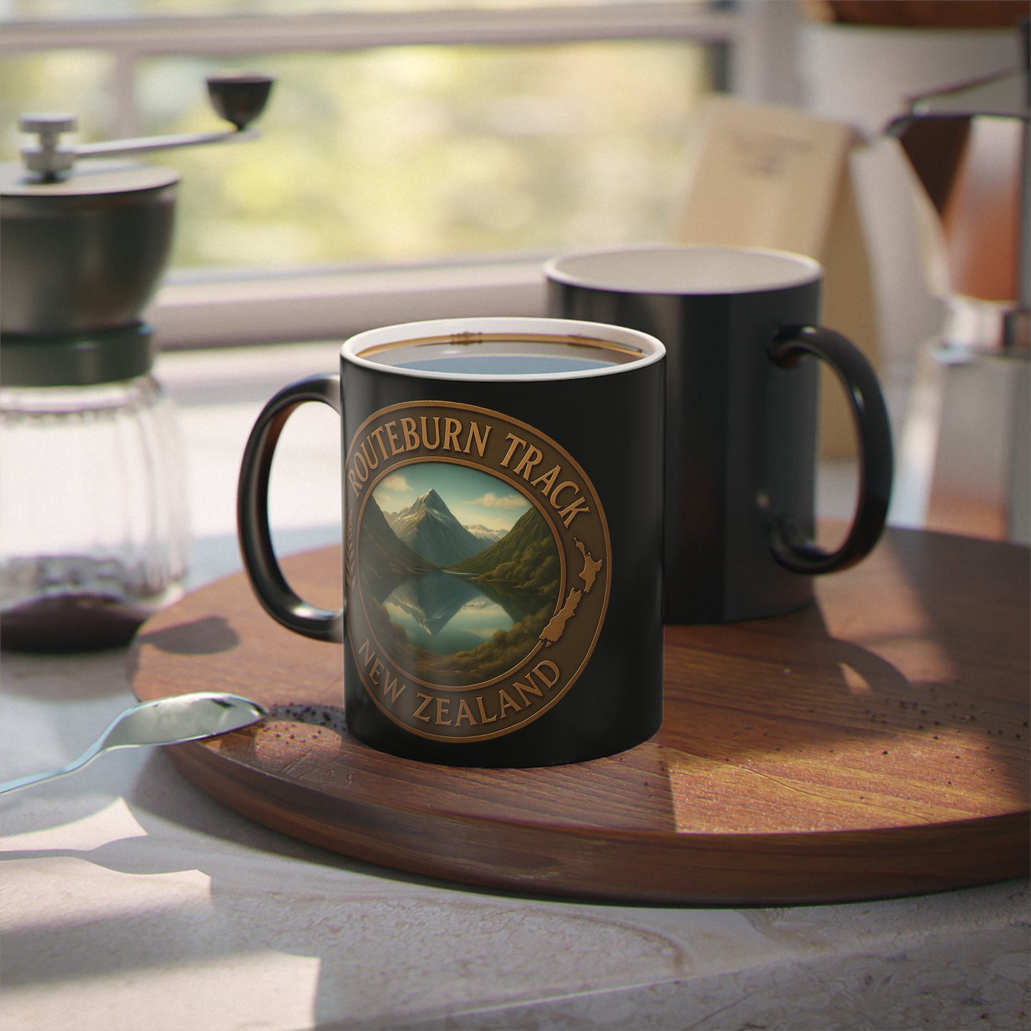 Black mug with 'Routeburn Track New Zealand' design on a wooden tray with coffee and a grinder.
