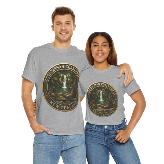 Two people wearing gray Abel Tasman t-shirts with Tasman Coast New Zealand design on a white background