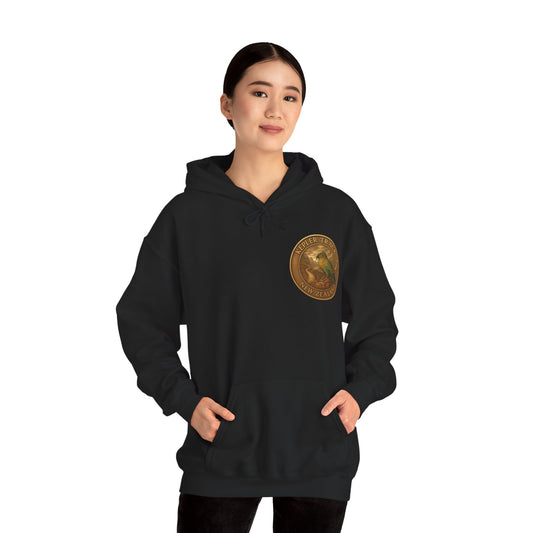 Person wearing a black Kepler Track hoodie with a logo on a white background