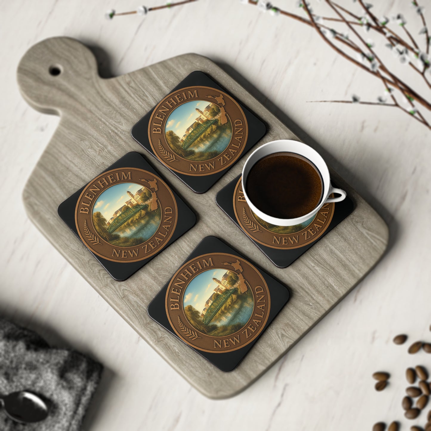 Set of four Benenheim New Zealand coasters with a cup of coffee on a wooden board.