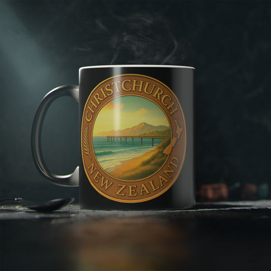 Mug with Christchurch, New Zealand design on a dark background