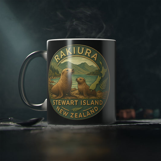 Coffee cup Mug with Rakiura Stewart Island New Zealand design featuring seals and nature.