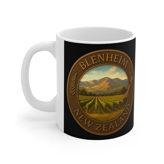 Blenheim, New Zealand — Dual Bronze Emblem Coffee Mug (Bridge & River + Vineyards)
