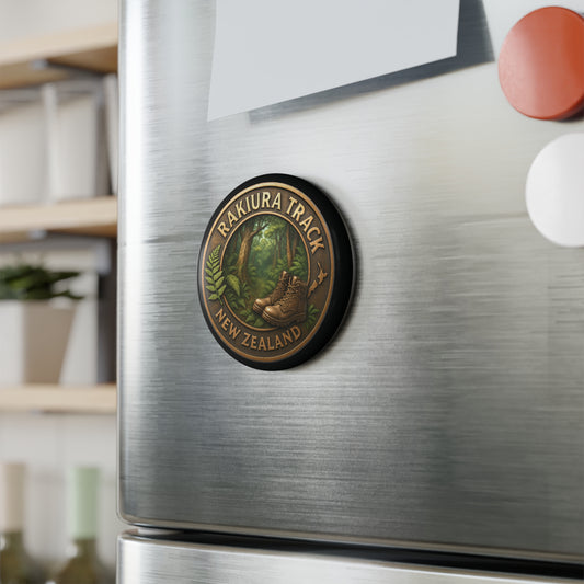 Fridge magnet with Rakiura Track New Zealand design on a refrigerator