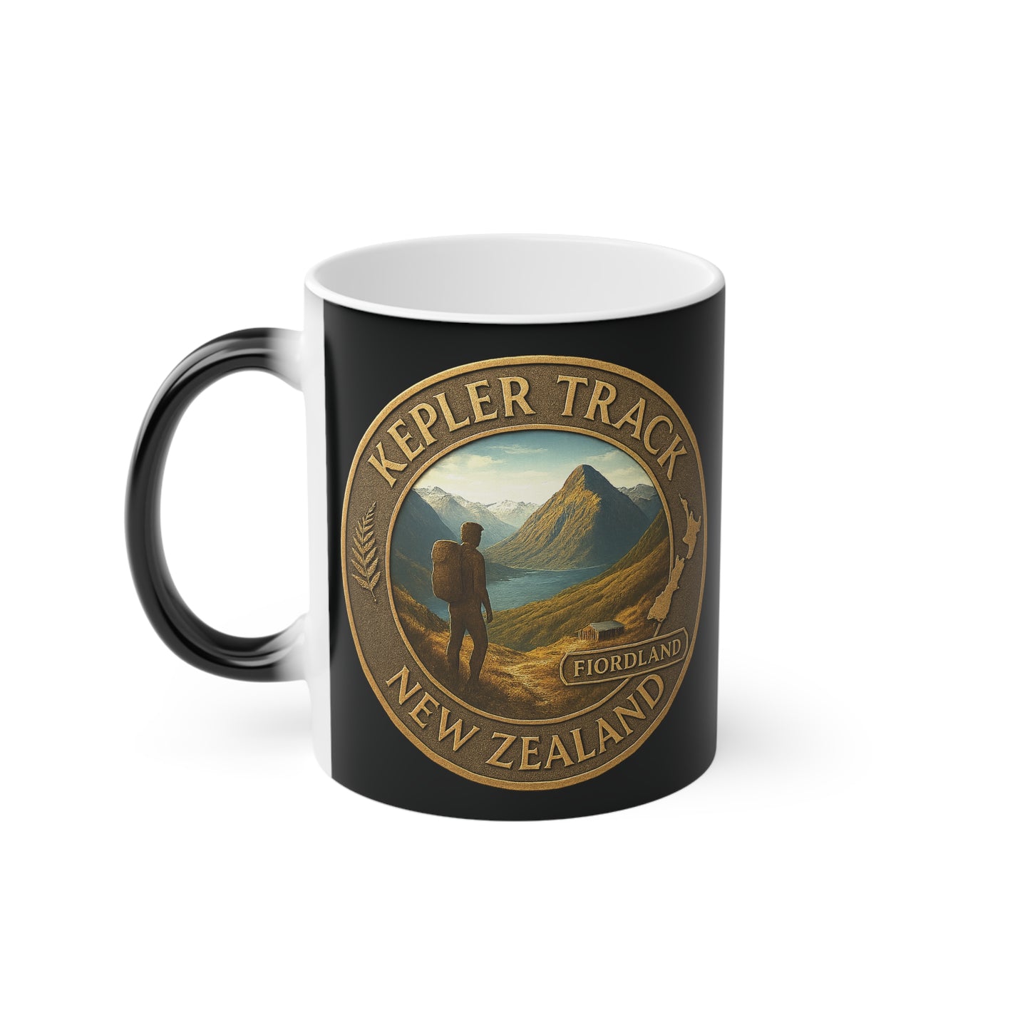 Black mug with 'Kepler Track, New Zealand' design featuring a mountain landscape and person.
