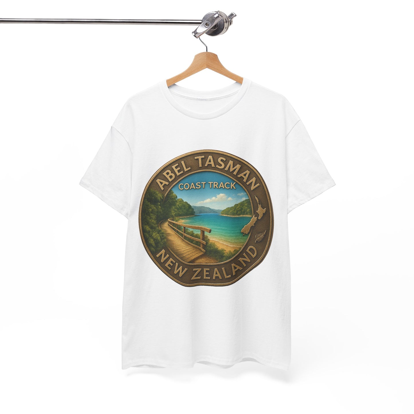 White t-shirt with a scenic graphic of Abel Tasman Coast Track, New Zealand on a hanger against a white background.