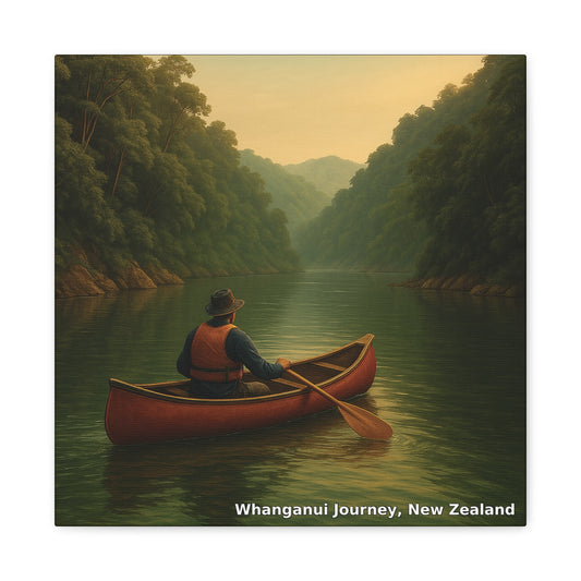 Person in a red canoe on a calm river surrounded by lush greenery with 'Whanganui Journey, New Zealand' text.