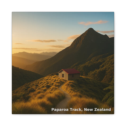 Mountain landscape with a small cabin at sunset, labeled 'Paparoa Track, New Zealand'.