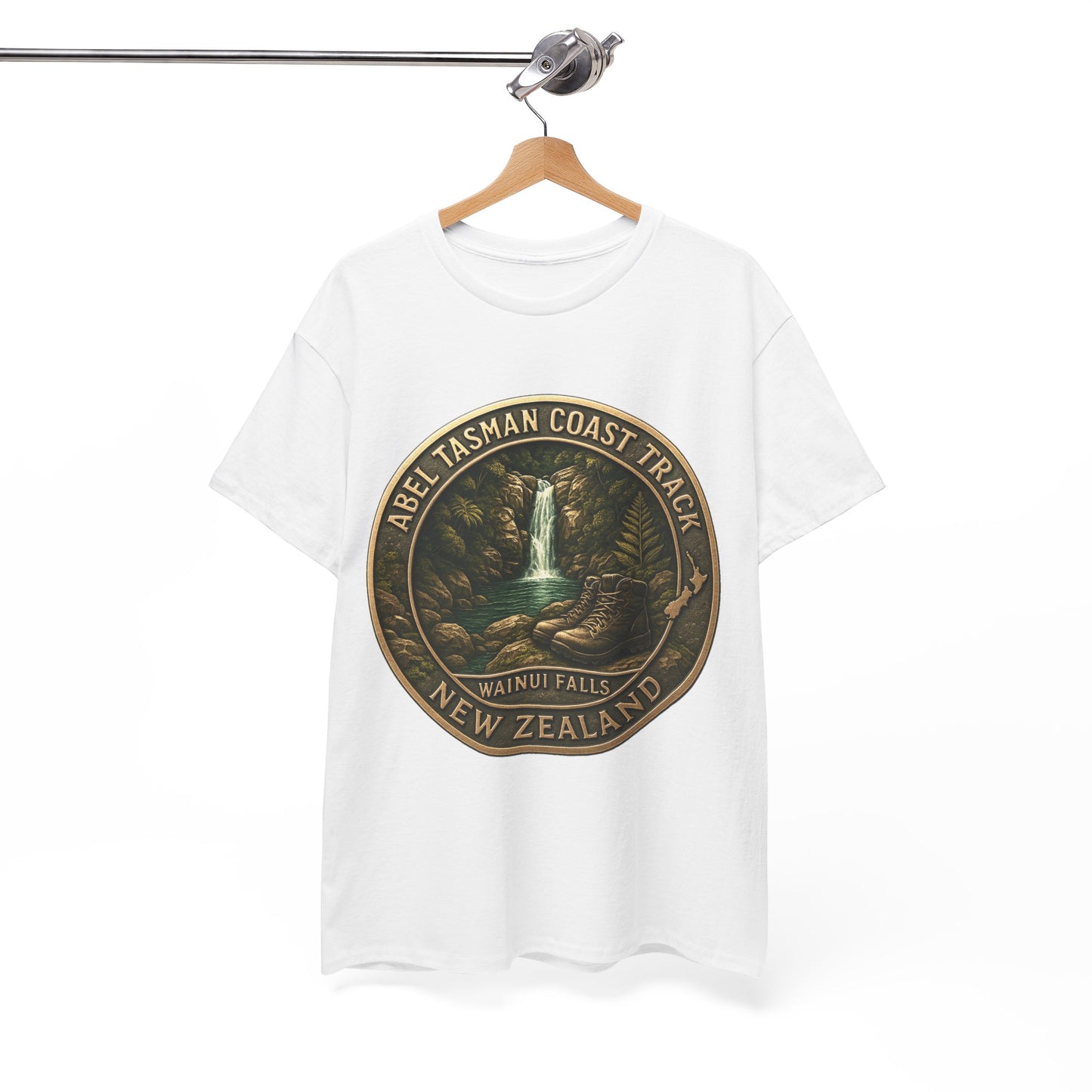 White t-shirt with a graphic design of Abel Tasman Coast Track on a hanger against a white background