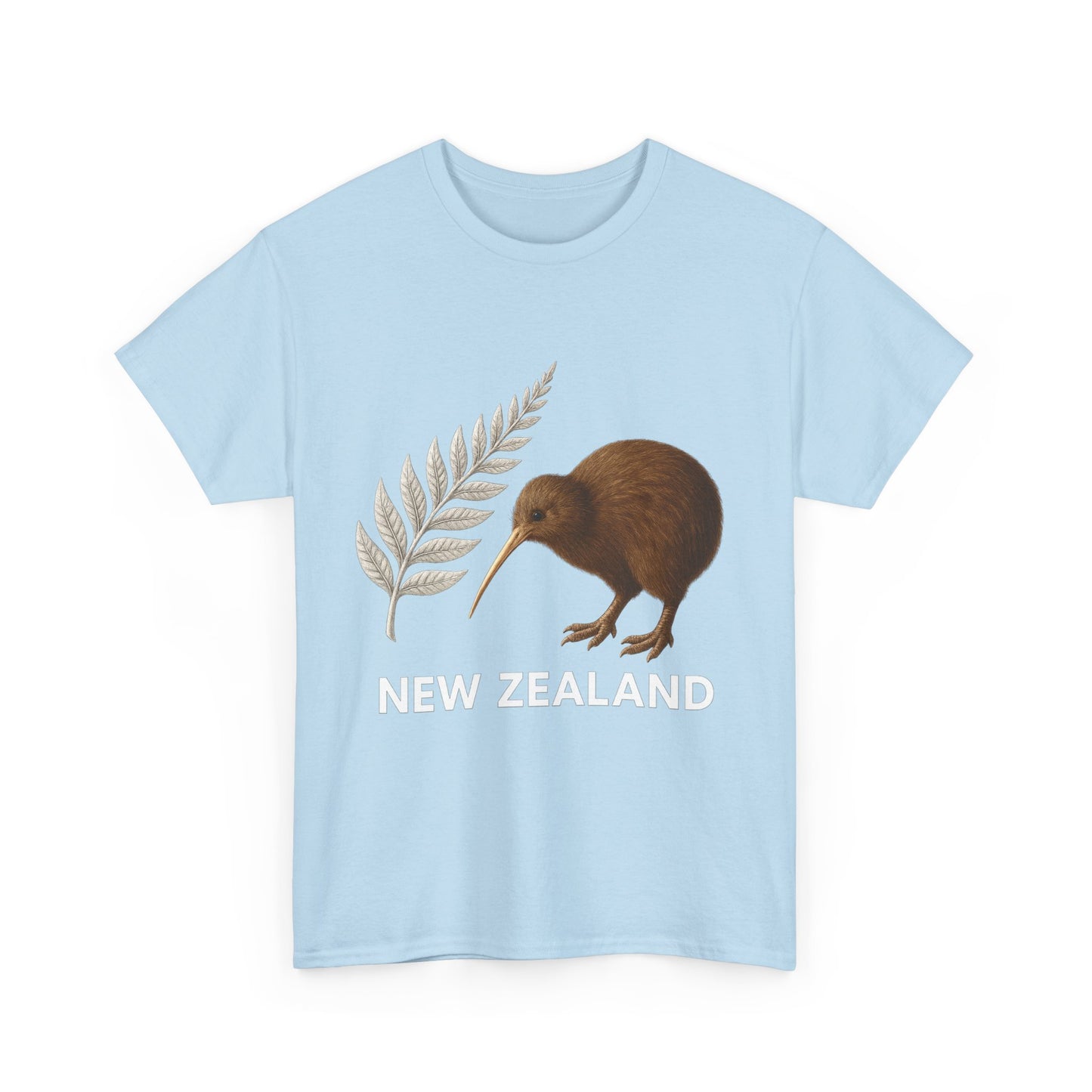 Light blue t-shirt with a kiwi bird and fern design on a white background