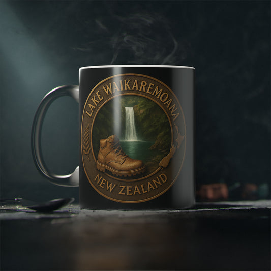 Coffee cup Mug with Lake Waikaremoana Track New Zealand design featuring a boot and waterfall.