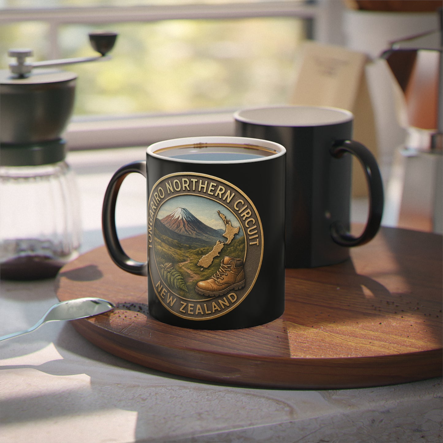 Black mug with a scenic Tongariro Northern Circuit design on a wooden coaster in a kitchen setting