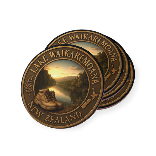Coaster set with Lake Waikaremoana Track design featuring a sunset over a lake and hiking boots.